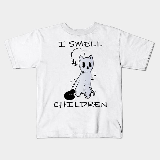 i smell children, funny halloween black cat ghost Kids T-Shirt by lazykitty